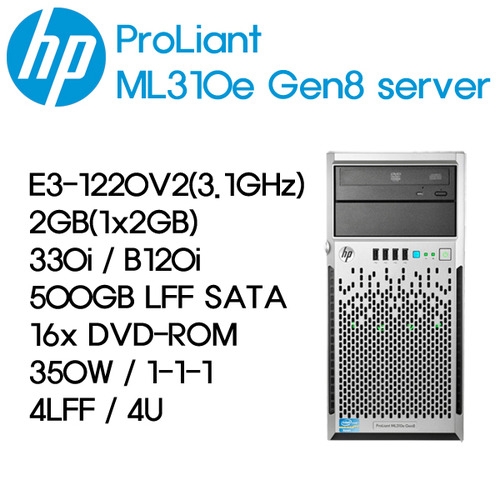 HP ProLiant ML310e Gen8 Server E3-1220V2(3.1GHz)/2GB(1x2GB)/330i/B120i/500GB LFF/16x DVD-ROM
